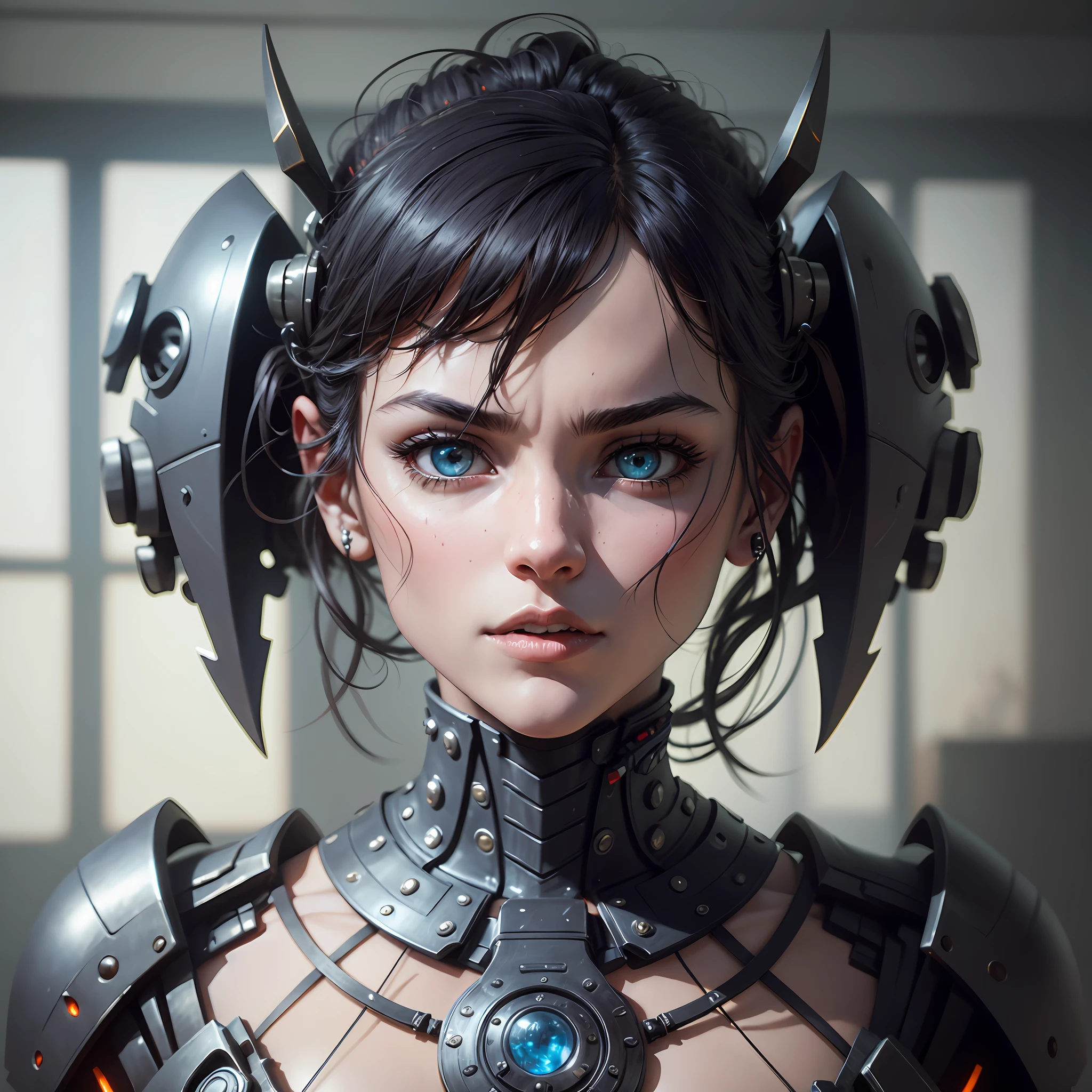 (ohwx) a demon alien, scary look, close-up, photography, natural light, photorealism, cinematic rendering, ray tracing, highest quality, highest detail, cinematics, third-person view, blur effect, long exposure, 8K, Ultra-HD, daylight, changing lighting, cinematic lighting, high key1mechanical girl, ((ultra realistic details)), portrait, global lighting, shadows, octane rendering, 8k,  ultra sharp, metal, intricate, detailed embellishments, cool colors, egyptian details, very intricate details, realistic light, trend in CGsociety, bright eyes, front camera, neon details, mechanical limbs, blood vessels connected to tubes, mechanical vertebrae that attach to the back, mechanical cervial that attaches to the neck, sitting, wires and cables that connect to the headSyberart,  centered, it creates a dramatic, action-packed Terminator. Use advanced photography and image editing techniques to realistically capture intense expression and posture, and play with light and shadow to add depth and drama to the image. Incorporate battlefield elements, such as debris and destruction, to add context and visual interest to the image. Make sure the image has high resolution and impeccable image quality to ensure a very realistic and dynamic appearance. --auto --s2