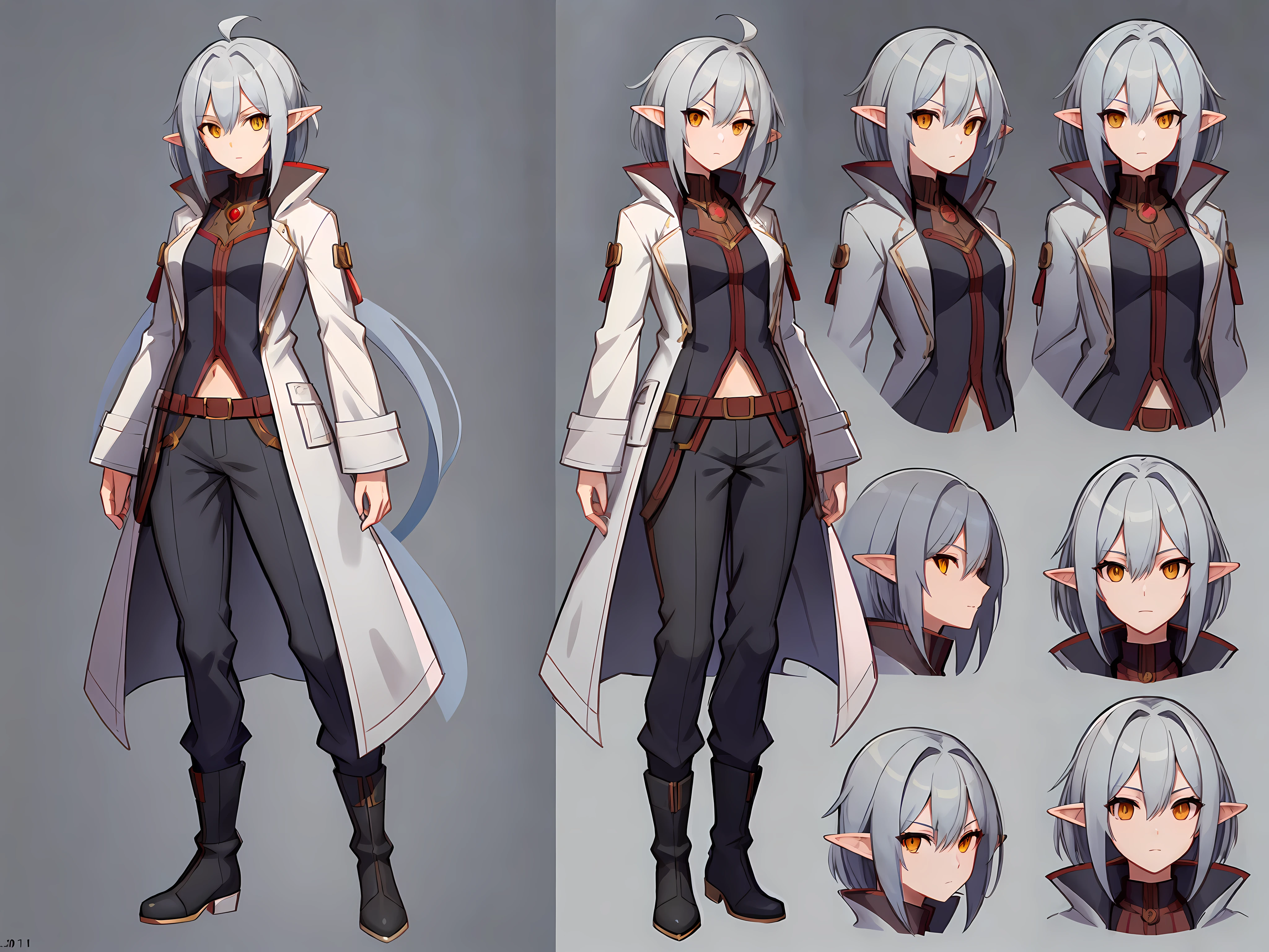 dynamic series of drawings showing a skinny, sorcerer elf girl thin, fragile, straight hair, disheveled hair, (white coat with red accents, killer-style coat, fantasy (pants), boots), adventurer's clothes, glowing eyes, (gray hair: 1.2), (bob's haircut), (yellow eyes),, drawing character sheet, pose reference, drawings of the same character at different angles,in 6 poses. 8k,high quality, high resolution, 4k, hd,(well designed face), amazing face, (super detailed), beautiful eyes