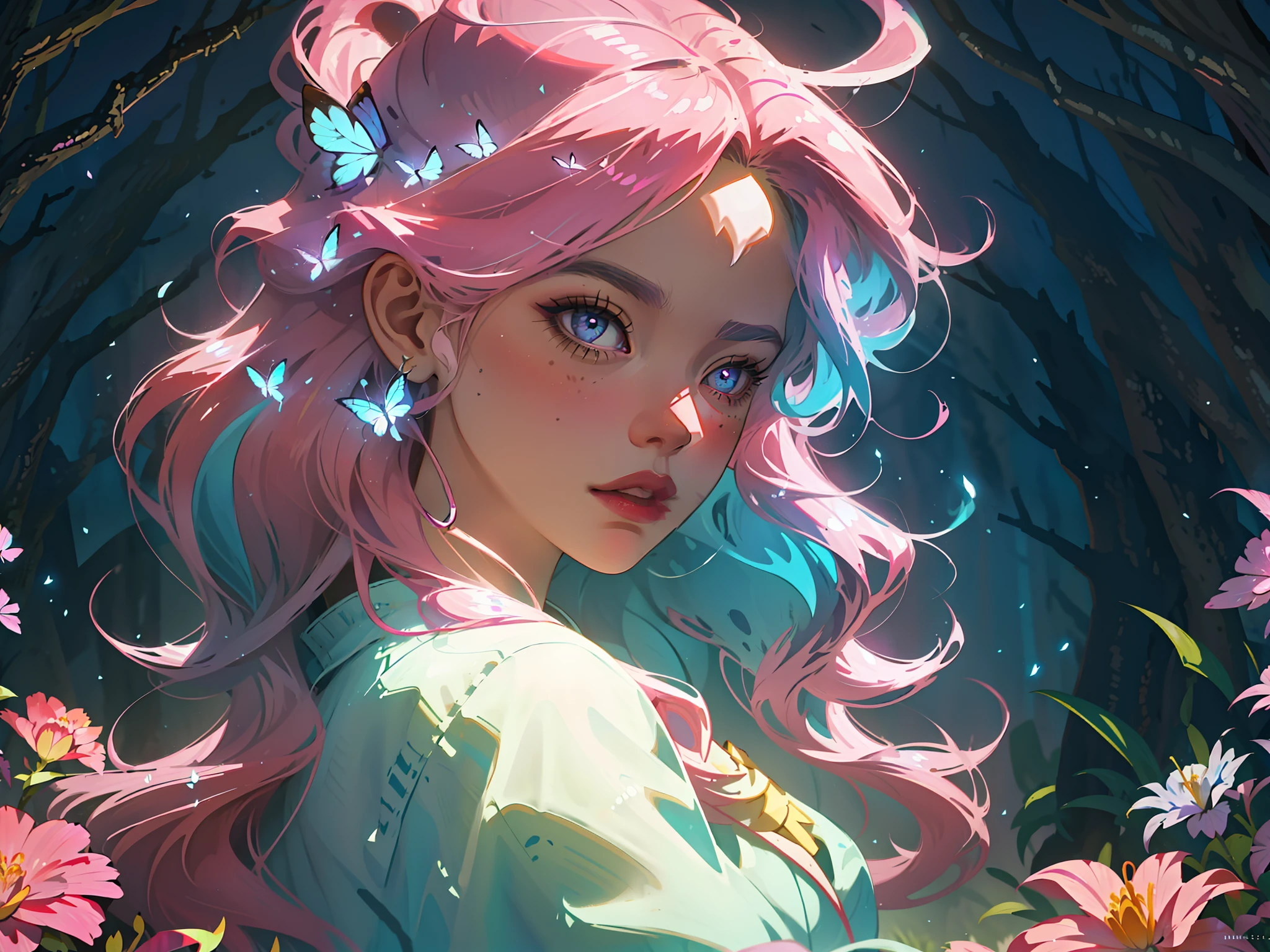 ((masterpiece)),(((best quality))),illustration,1 girl,long hair,hair on eyes, colorfull hair,beautiful eyes,environment Scene change, pink color palette, neon colors, female butterfly, butterfly antennae, holds a crosier, charturnbetalora, 8k,16k, magical forest