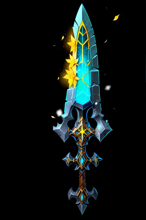 Dark blade, glowing blade, yellow snowflakes falling from the blade