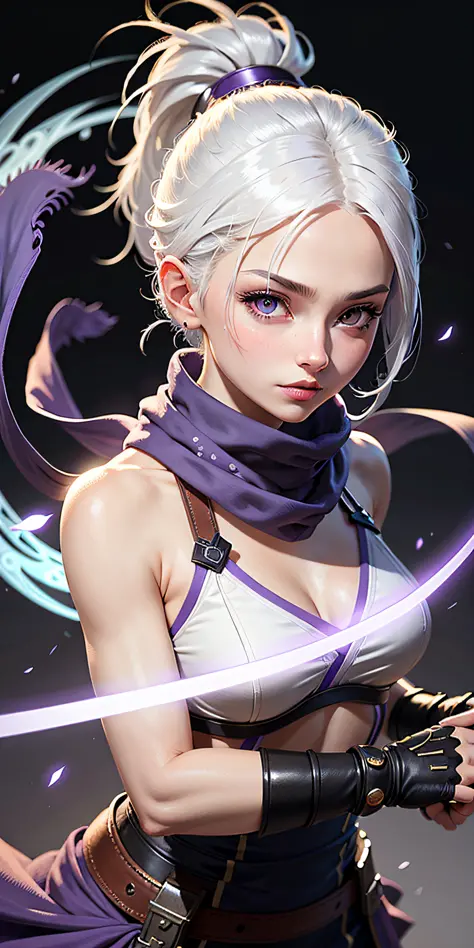 upper body, 1girl, white hair, ponytail, purple eyes, (ninja), short sword, medium breats ,scarf, wallpaper, magic circle background, light particles, blue fire,