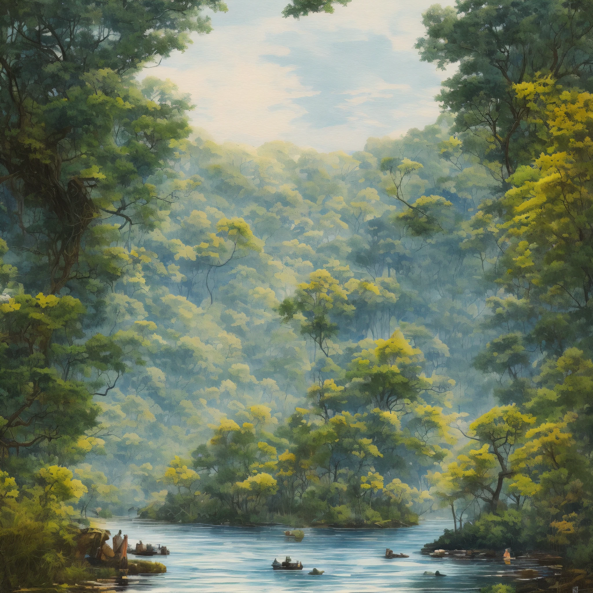 plbc watercolor landscape with river, trees, animals, moon, by moebius Charles Reid, banksy and Studio Ghibli