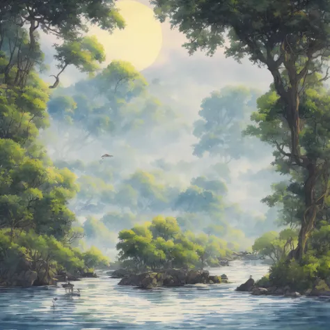 plbc watercolor landscape with river, trees, animals, moon, by moebius charles reid, banksy and studio ghibli