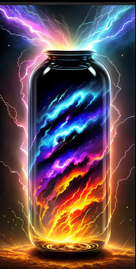 Galaxy inside a glass bottle, nebula of fire & lightning!! intricately detailed deep color maximalism hyperrealism impressionism mannerism surrealism digital art masterpiece long exposure 62K UHD trending on the news Unreal Engine 5 complex dystopian eleme...