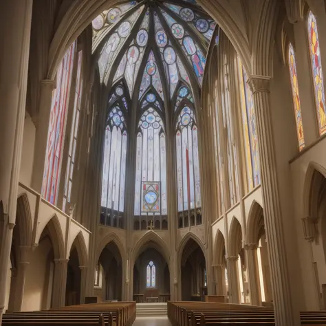 interior of gothic church, with emphasis on the central nave, with beautiful stained glass windows of rose windows illustrating ...