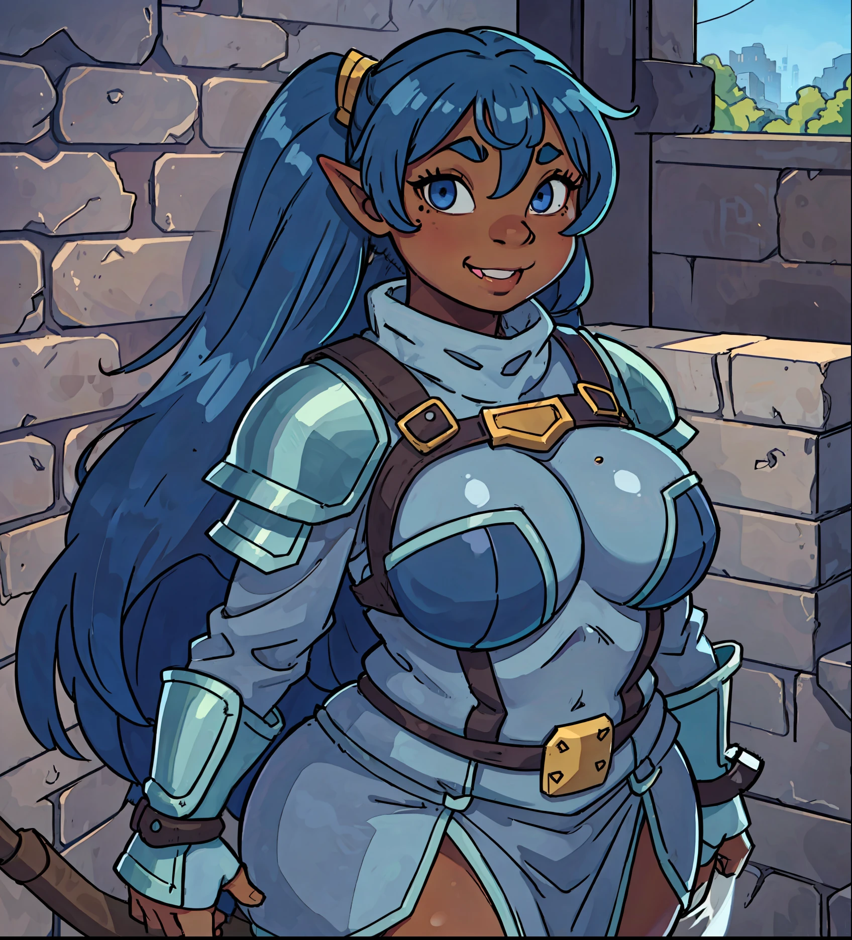 goblin, goblin girl, blue hair, very long hair, dark_ skin, dark skin goblin, wide body, very dark skin girl, small stature, very chubby, cute goblin, huge breast, very large breast, hair between eyes, twintails, chubby, chubby girl, chubby girl goblin, wide hips, blue eyes, mole, mole on chest, age up, lips, big lips, thick eyebrows, body with fur, short girl, short goblin girl twintails, short girl, fat, knight, paladin, middle Age, Knight's armor, full armor, smile