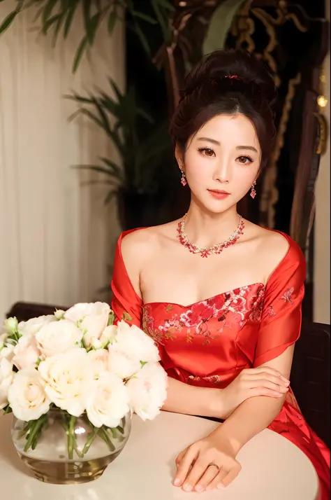 there is a woman sitting at a table with a vase of flowers, wearing a red cheongsam, chinese woman, elegant japanese woman, sha ...