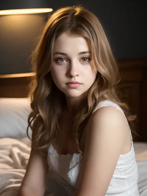 curvy girl, Portrait of an 18 year old cute beautiful perfect face petit teen, she is happy, very beautiful Russian, raw, in bed, (dark private study, dark and moody light: 1.2)