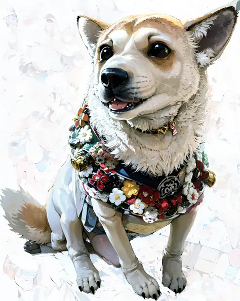 arafed dog wearing a collar with a teddy bear on it, miko, wearing collar, japanese dog, collar on neck, shell collar!!l, wearin...