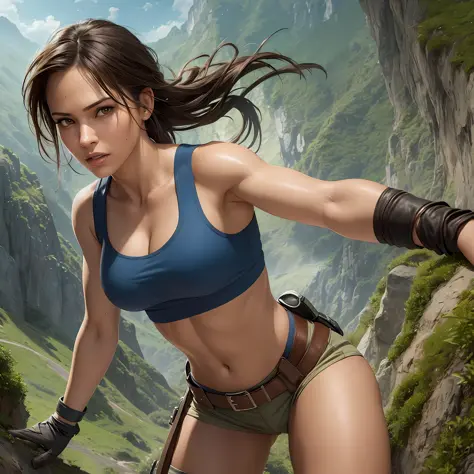 Lara Croft from Tomb Raider, realistic, photorealistic, masterpiece, beautiful face, brown eyes, well-modeled athletic body, she is climbing a mountain wearing a blue tank top and brown shorts --auto --s2