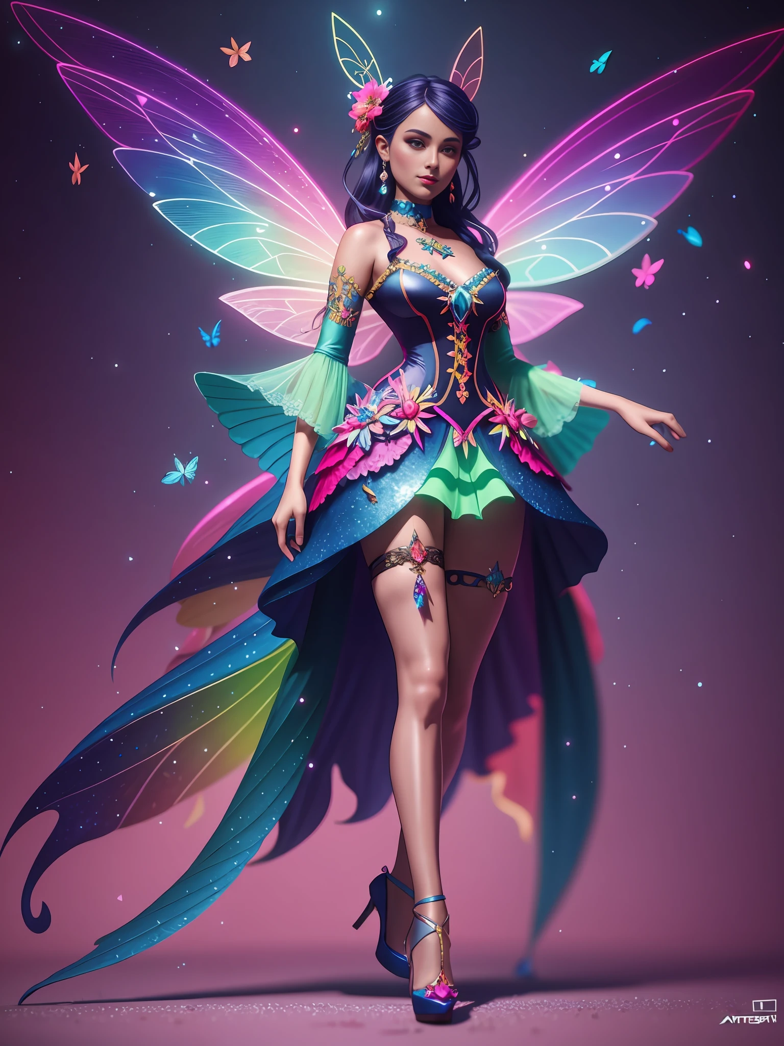 Brightly colored fairy with beautifull clothes And dressed from head to toe, dark background, vibrant details, artstation, hyperdetailed, 8k, beautiful lighting, artstation, hyperdetailed, vibrant colors, 8k resolution, intricate hyperdetails, Symmetrical, octane render,