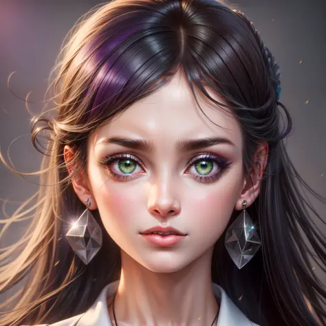Zoom on a striking young European girl, her half long black hair flowing gracefully around her shoulders, vibrant green eyes sparkling with curiosity, a delicate nose adding to her allure, her lips adorned with a mesmerizing shade of purple lipstick, small...
