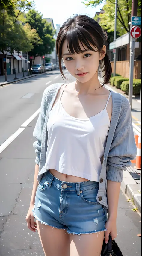 (Top Quality, 8k, RAW Photography, UHD, Masterpiece: 1.3), Sharp Focus: 1.2, 18 years old cute smiling Japan schoolgirl with perfect figure, slender abs: 1.2, (((Asymmetrical bangs, small breasts: 1.2)), (White blouse layered with oversized long length car...