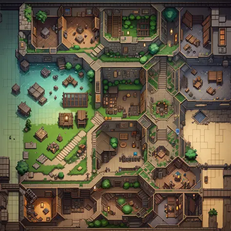 Aerial RPG tilemap view, inside  detailed RPG dungeon, Tibia, masterpiece, indie game, 2D art, roll20 tilemap illustration, tiles