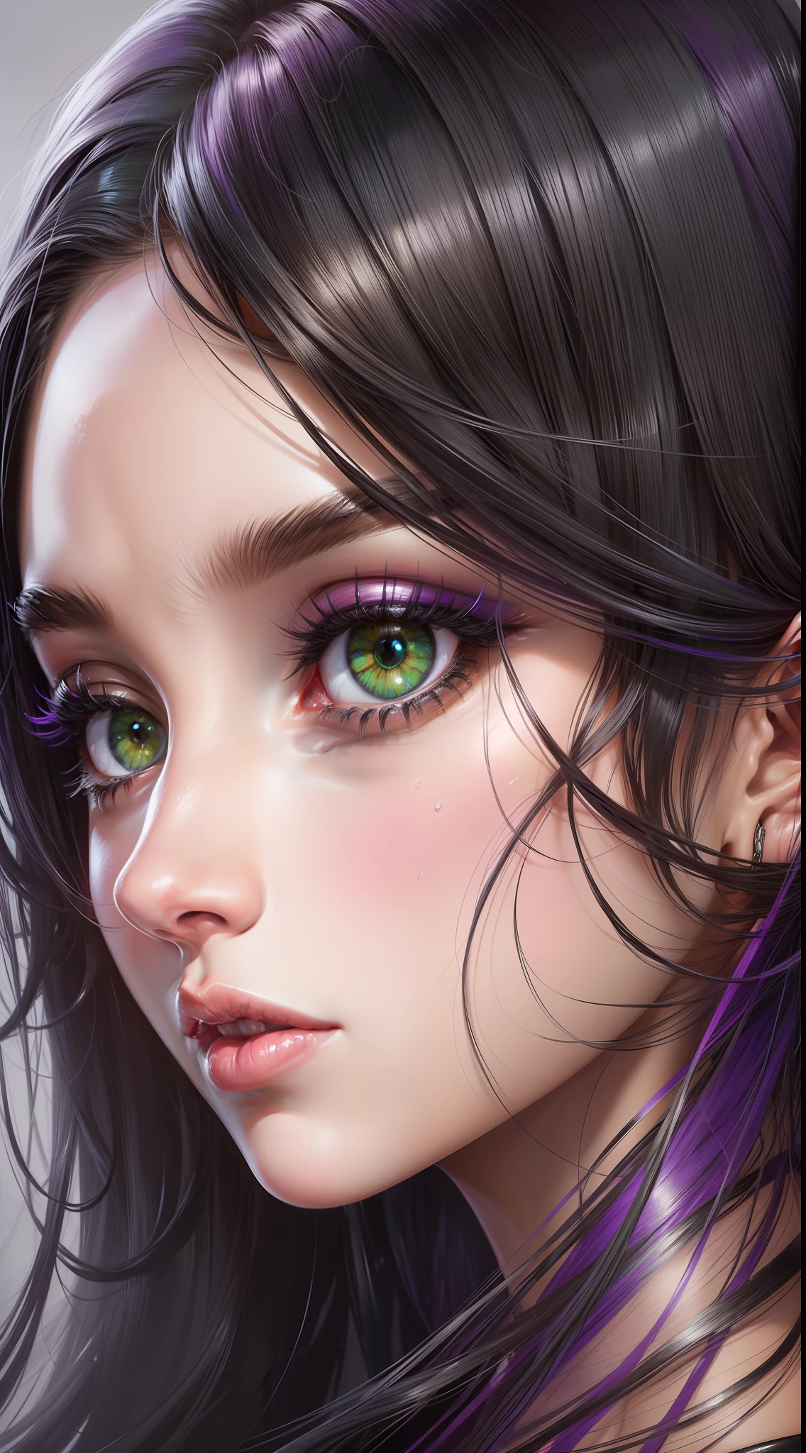 Get a close-up view of the face of a captivating young European girl, her half long black hair cascading gently around her face, her alluring green eyes captivating with their enigmatic gaze, a  nose adding a touch of elegance, her lips adorned with a captivating shade of purple lipstick, the image captured in a 9:16 aspect ratio, the portrait bringing her detailed facial features to life, Painting, executed with acrylic paints on a smooth canvas, using fine brushes to capture every nuance and intricacy