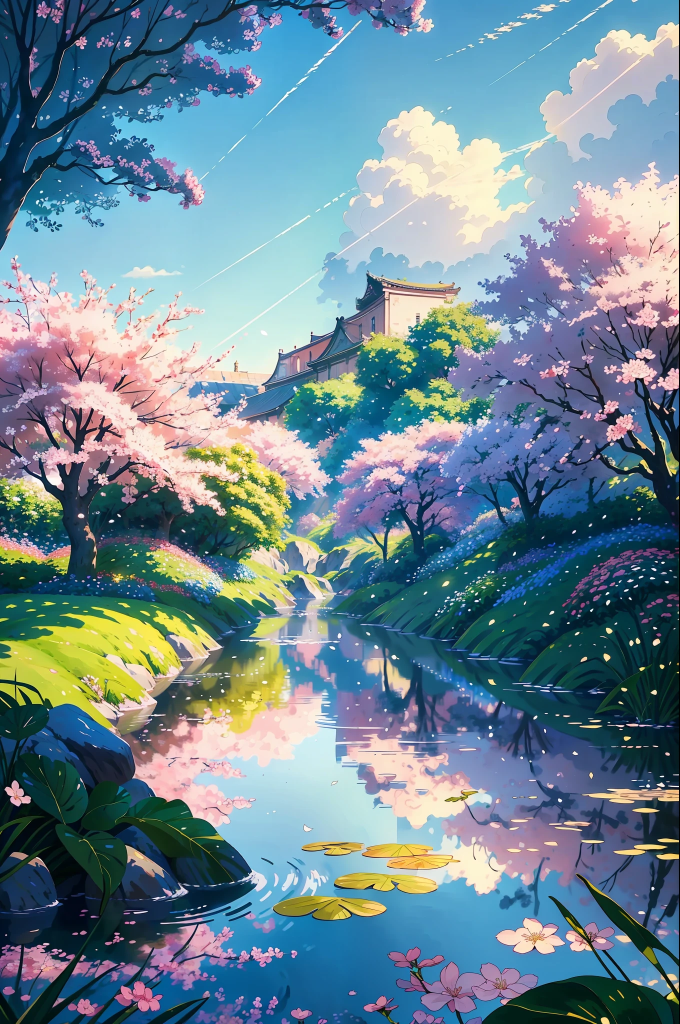 (Illustration:1.3), (secret garden), lush, floral, rose, (cherry blossom trees,botanical), summer morning (light blue)sky, floating cloud, sunlight reflecting on flours and small water river which is flowing through the garden (realistic:1.5), (good shading), good architecture, volumetric lighting, cinematic, fantasy forest garden, (highest quality, award winning, masterpiece:1.5),