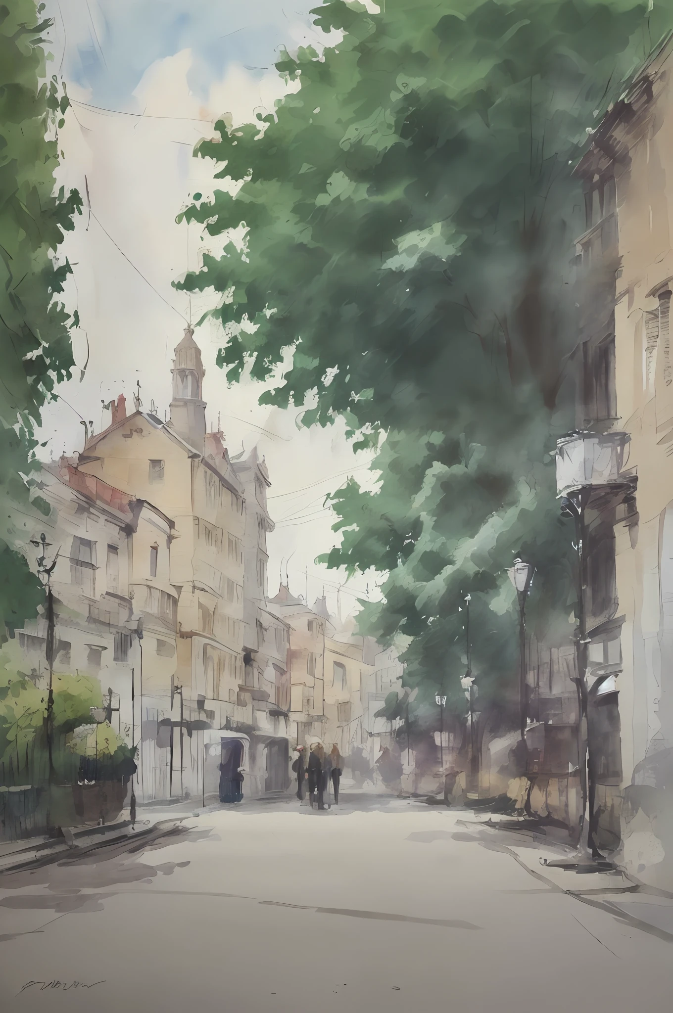 Watercolor painting, London city street, trees, bright sun, shade,