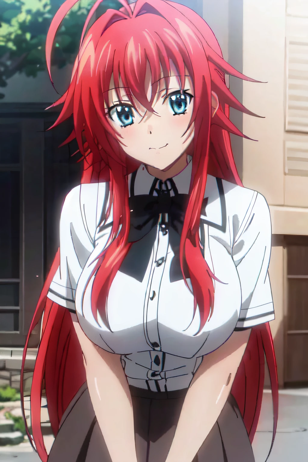 Meisterwerk, beste Qualität, 1 Mädchen, lange Haare, Betrachter betrachten, :3, Niedlich, Schwarz , draußen, Straßen, Cowboy-Schuss, große Brüste, kurvig, (((blaue Augen))),  Rias Gremory, Rote Haare, Antennenhaar,  welliges Haar, ((Schöne, detaillierte Augen, schönes, detailliertes Leuchten, viel Glanz)), Anime-Screencap,