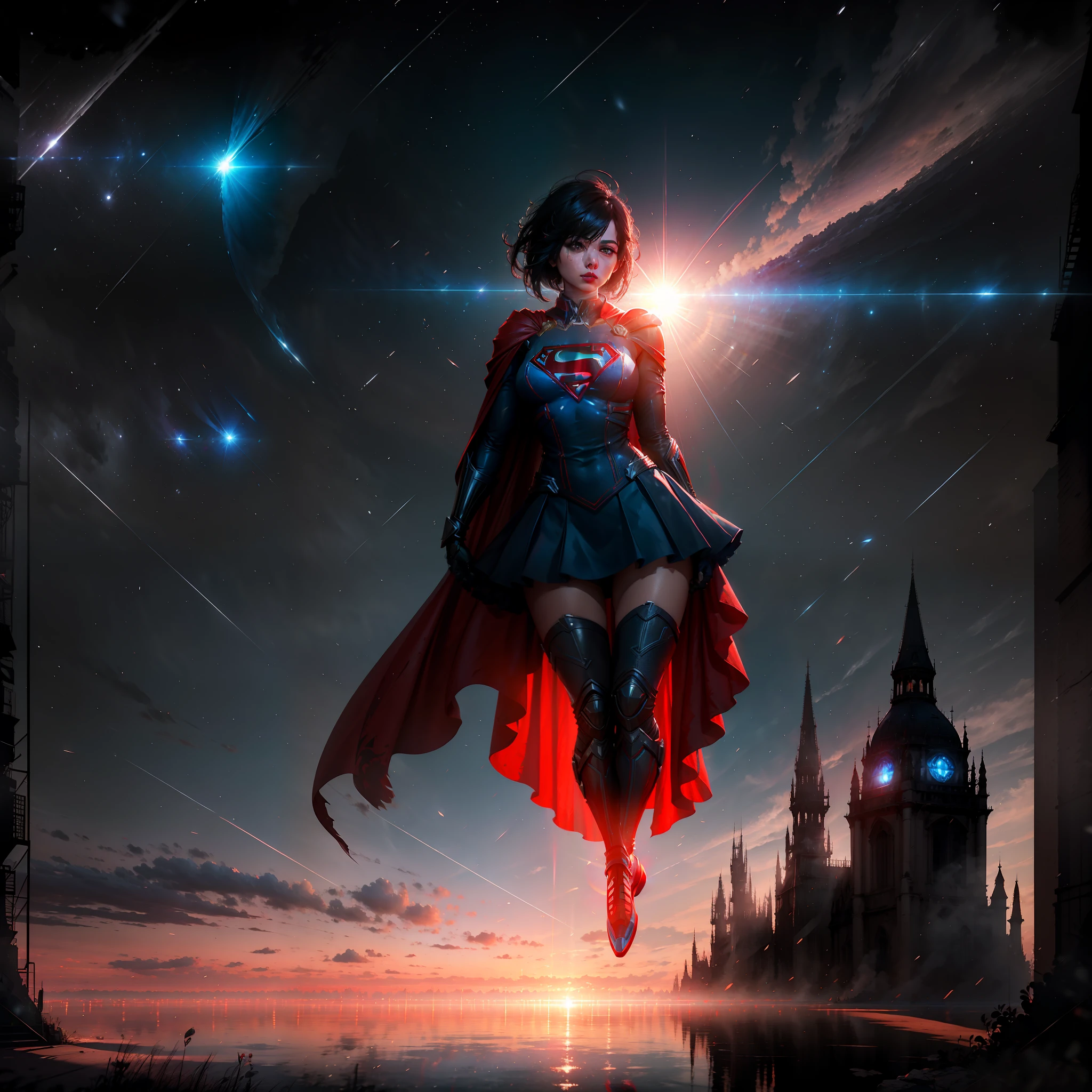 超女, 黑色短髮的成年女性, 超级少女角色扮演, 飄然, 背上披着长长的红色斗篷, 完美而華麗的臉, 虚幻引擎 5, 8K.