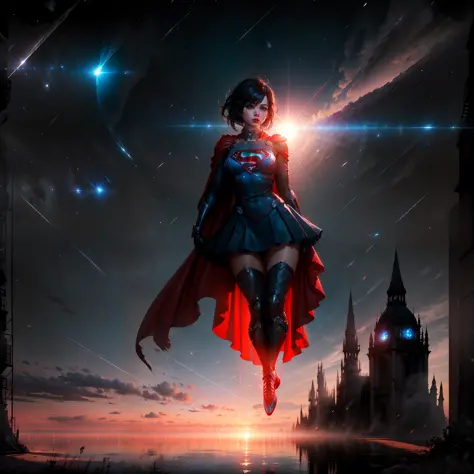 Supergirl, adult woman with short black hair, supergirl cosplay, floating in the air, long red cape on the back, perfect and gor...
