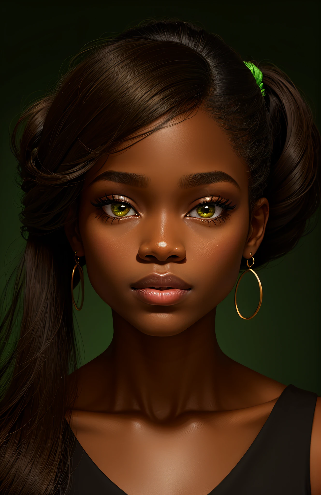 A close up of a woman with a ponytail and green eyes - SeaArt AI