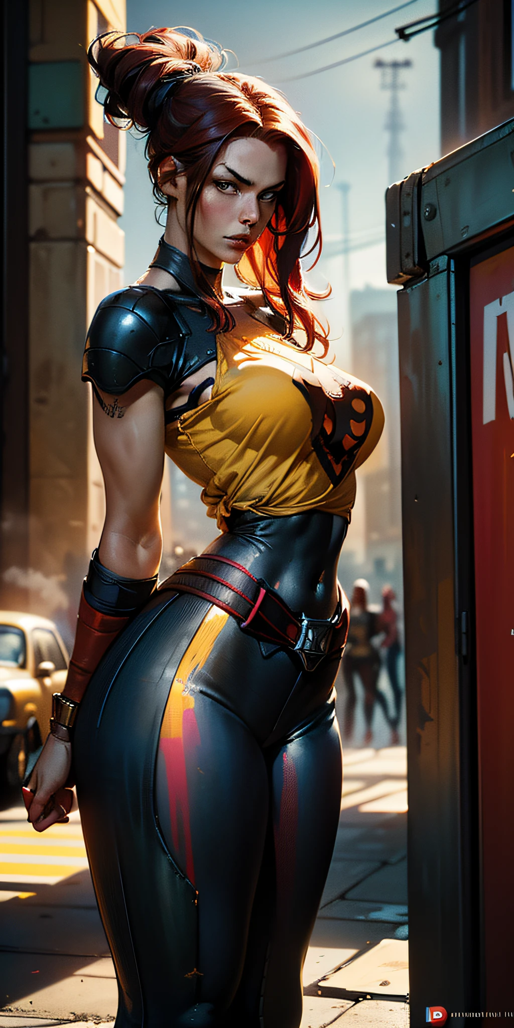 American World War II poster, Gil Elvgren style ((detailed skin)) (((A young woman with long size straight red hair up to the waist in superhero pose with yellow T-shirt and blue jeans))) ((detailed outfit entirely red with gold)) (cars in the background of the image) (((robotic left arm)) (((cyberpunk arm)))adobe lightroom, hero uniform, 1 girl,  Solo, good body, side light, poster art style. 1980s, 1950s, 1960s, 1940s, basic color scheme, very colorful poster, colorful art, third rule, inspiring, woman, 1 25-year-old girl, hair blowing in the wind, looking at the viewer, blurred background, curvy body, green eyes