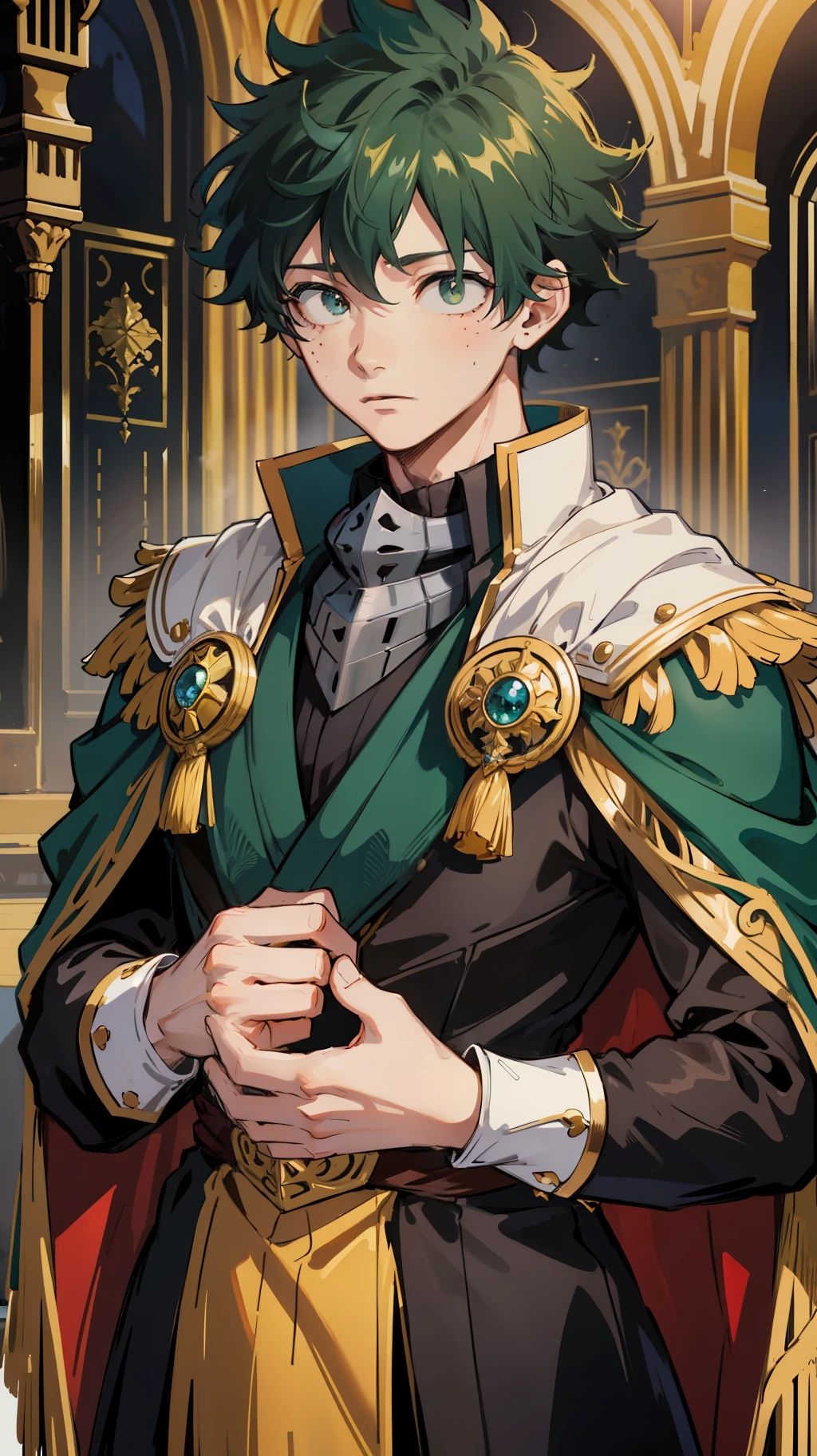 midoriya izuku, he is dressed in 黒 prince clothes with gold details, his cape is 黒 and glued to the collar of his costume, 彼の表情は少し困惑している, 彼は次のような中間色の中世の宮殿にいることに注意してください: 黒, グレーと白. 彼の目は緑色です, 彼の髪はとても濃い緑色です, 成長した男なのに腰が細い, 高解像度, 傑作, 彼に完全に集中.