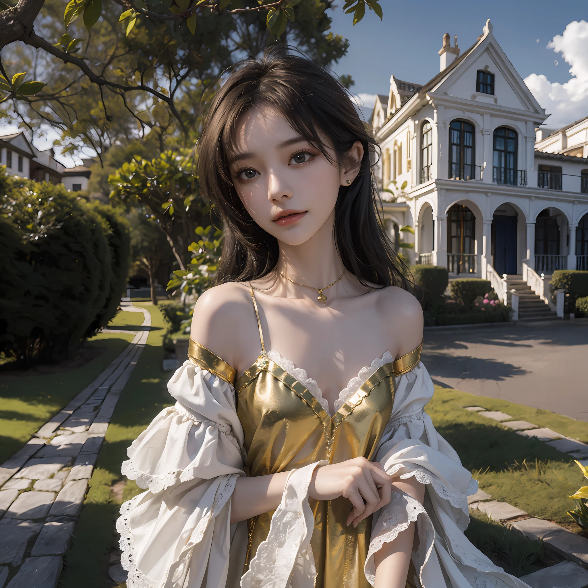 Realistic image of high quality 8k, 1 girl of 25 years human levitation, delicate and perfect Brazilian face, (s(eios very small)), short top of gold and white lace, V-neckline, jewelry in emerald gold and diamonds, beautiful country house in the background.