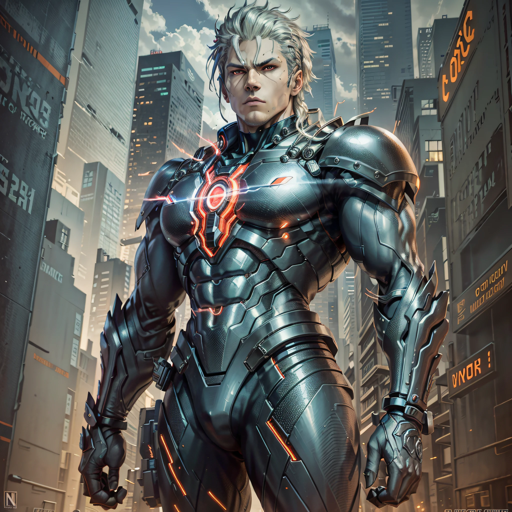 Generate an image of a male cyborg named Kyros with unparalleled strength and technological prowess. He has a sleek and muscular build, with a head adorned with glowing red cybernetic eyes and a neural interface. He wears a black and silver suit with advanced armor plating and a red glowing power core on his chest. In his hands, he wields a pair of deadly energy blades. The background should be a futuristic cityscape with towering skyscrapers and neon lights. Anime art --auto --s2