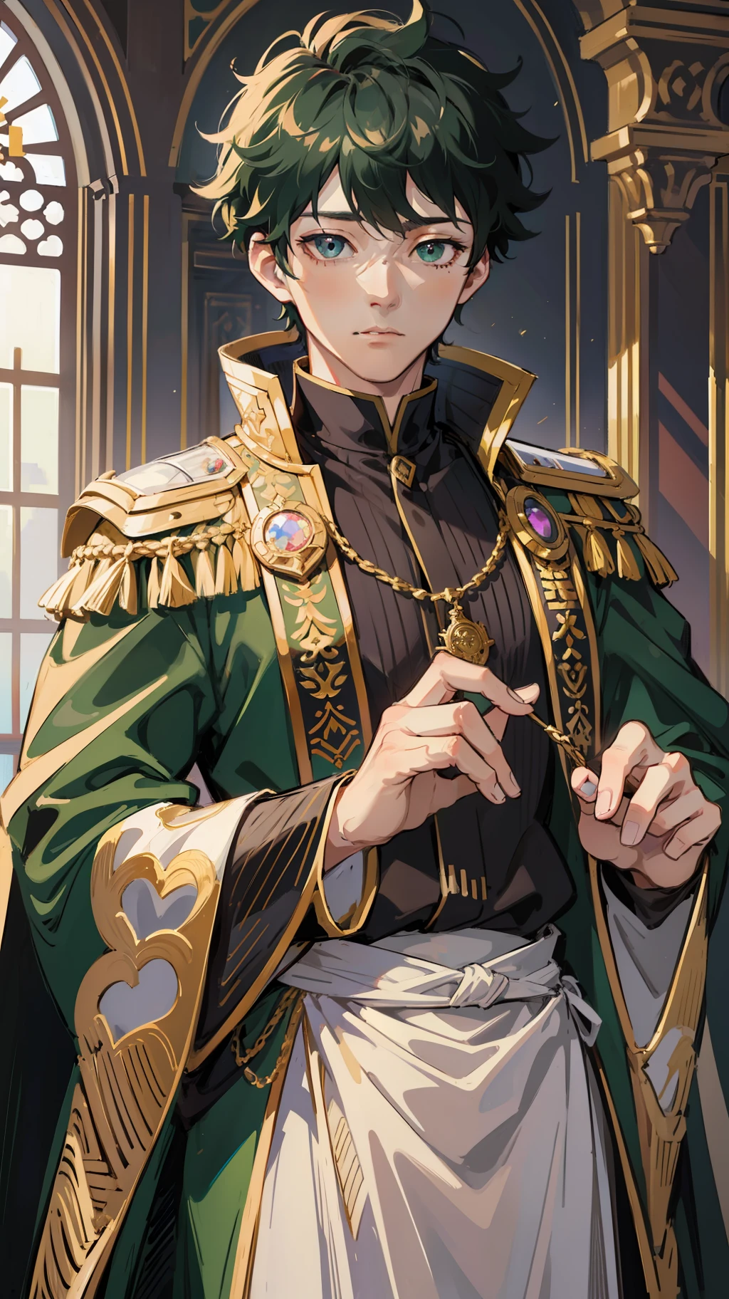 Midoriya Izuku, he is dressed in Schwarz prince clothes with gold details, his cape is Schwarz and glued to the collar of his costume, sein Gesichtsausdruck ist pervers, Es fällt auf, dass er sich in einem mittelalterlichen Palast mit neutralen Farben befindet wie: Schwarz, grau und weiß. In diesem Palast gibt es große helle Glasscheiben. seine Augen sind grün, sein Haar sehr dunkelgrün, er hat eine schmale Taille, obwohl er ein erwachsener Mann ist, Hohe Auflösung, Meisterwerk, totale Konzentration auf ihn.