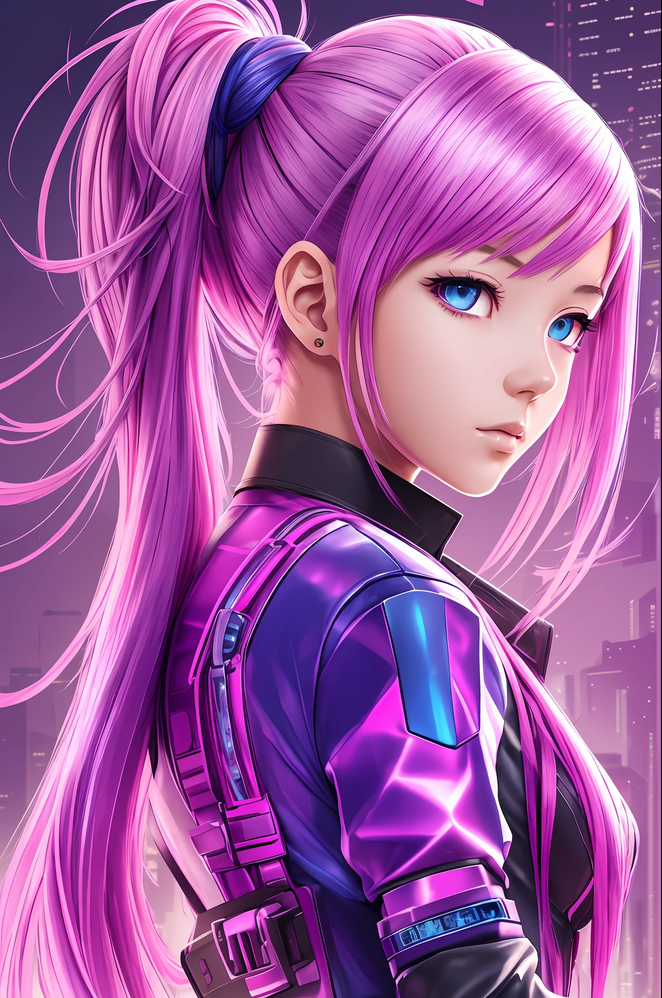 masterpiece, highest quality, realistic, subsurface scattering, chromatic lighting,

 colorful, pink + white + purple + blue limited color palette, detailed concept drawing, line-art, illustration,

 cyberpunk,
 18yo 1girl, medium breasts,
 outgoing
 ponytail hair,
 punk outfit,
 tie
 metallic
 America
 mall
 sunny
 bottom --auto --s2