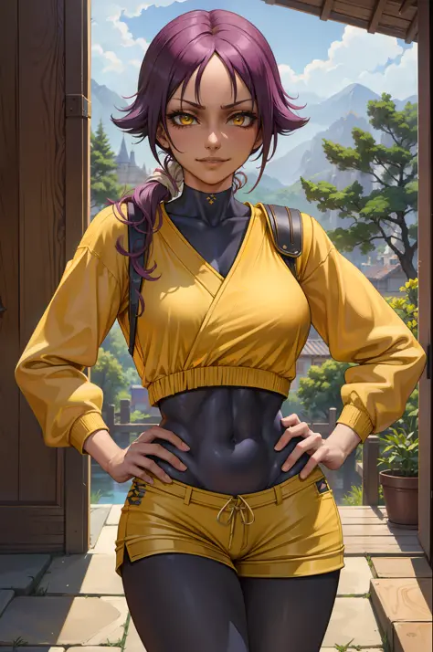 (masterpiece, best quality:1.2), solo, 1girl, shihouin yoruichi, smirk, looking at the viewer, hands on hips, tail, realistic ey...