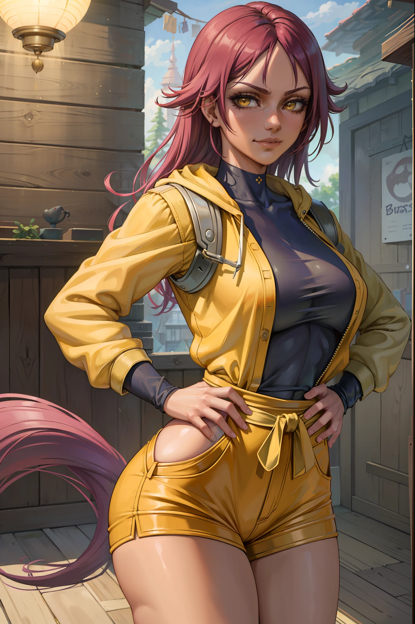 (masterpiece, best quality:1.2), solo, 1girl, shihouin yoruichi, smirk, looking at the viewer, hands on hips, tail, realistic eyes, best quality, closed mouth, beautiful lighting, cinematic, 8k, facial, wet face, liner, wooden walls, medium , yellow sweatshirt, short shorts, wide hips, yellow eyes, erotica