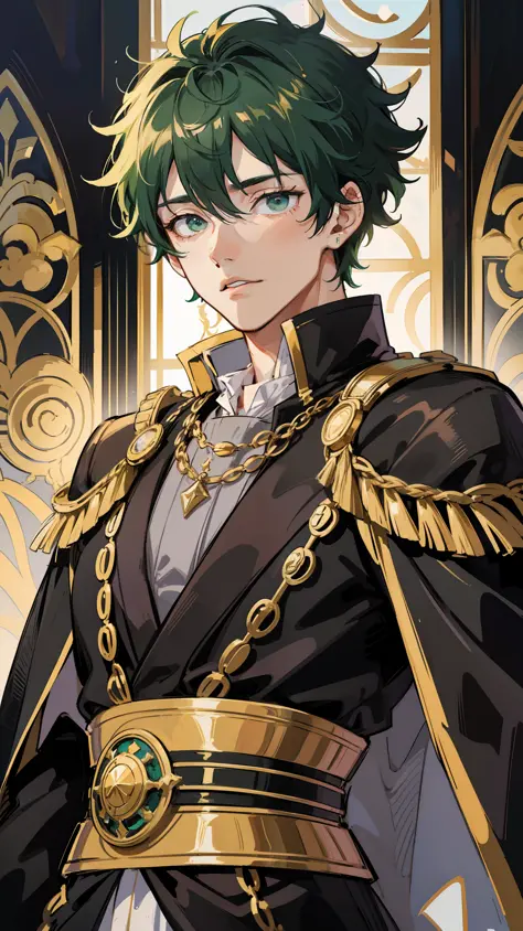 Midoriya Izuku, he is dressed in black prince clothes with gold details, his cape is black and glued to the collar of his costum...