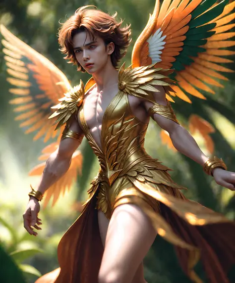 fairy male man with orange and gold details, large wings, detailed face, detailed hands, detailed legs, detailed fingers, detail...