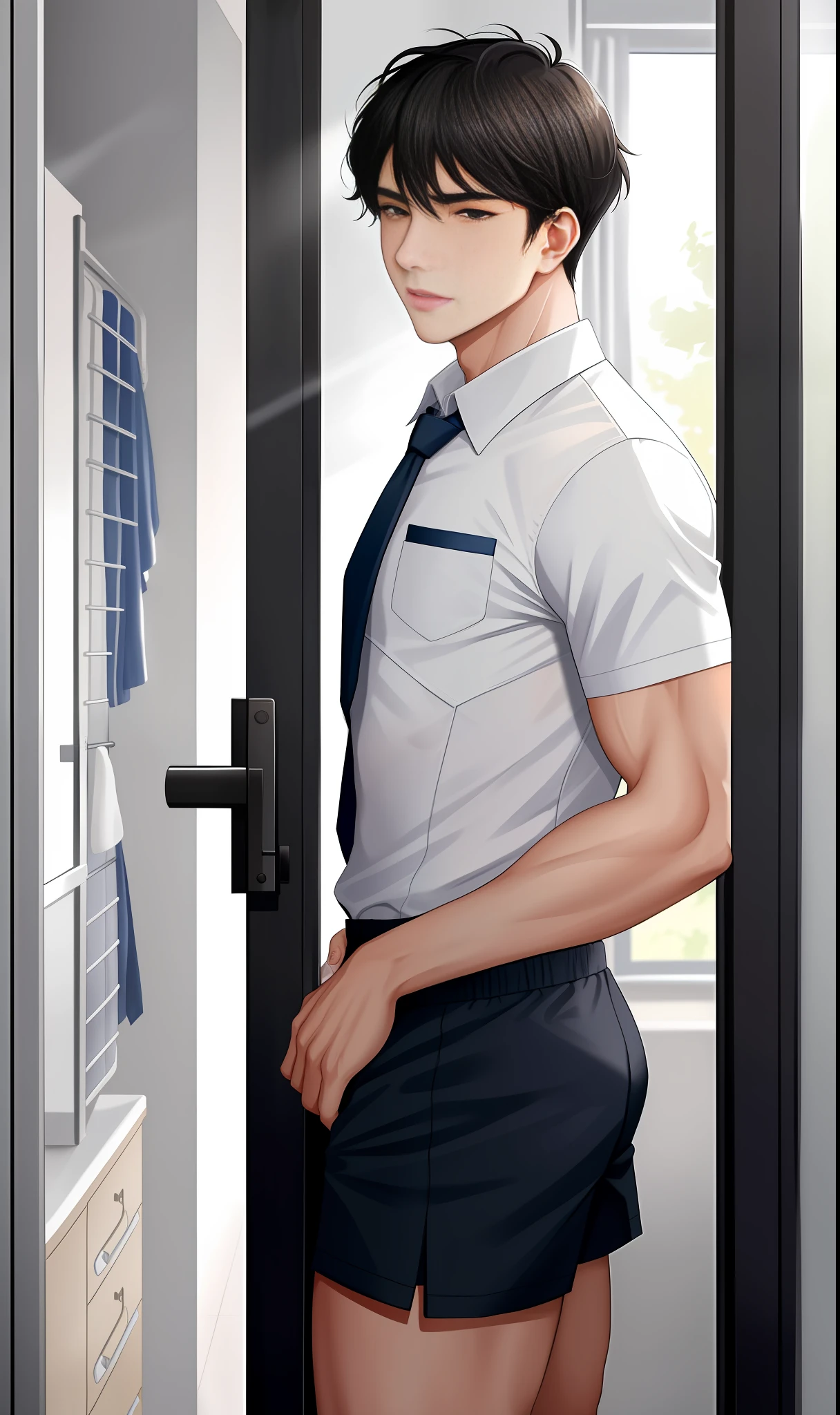 Anime boy in uniform standing in doorway of office building - SeaArt AI