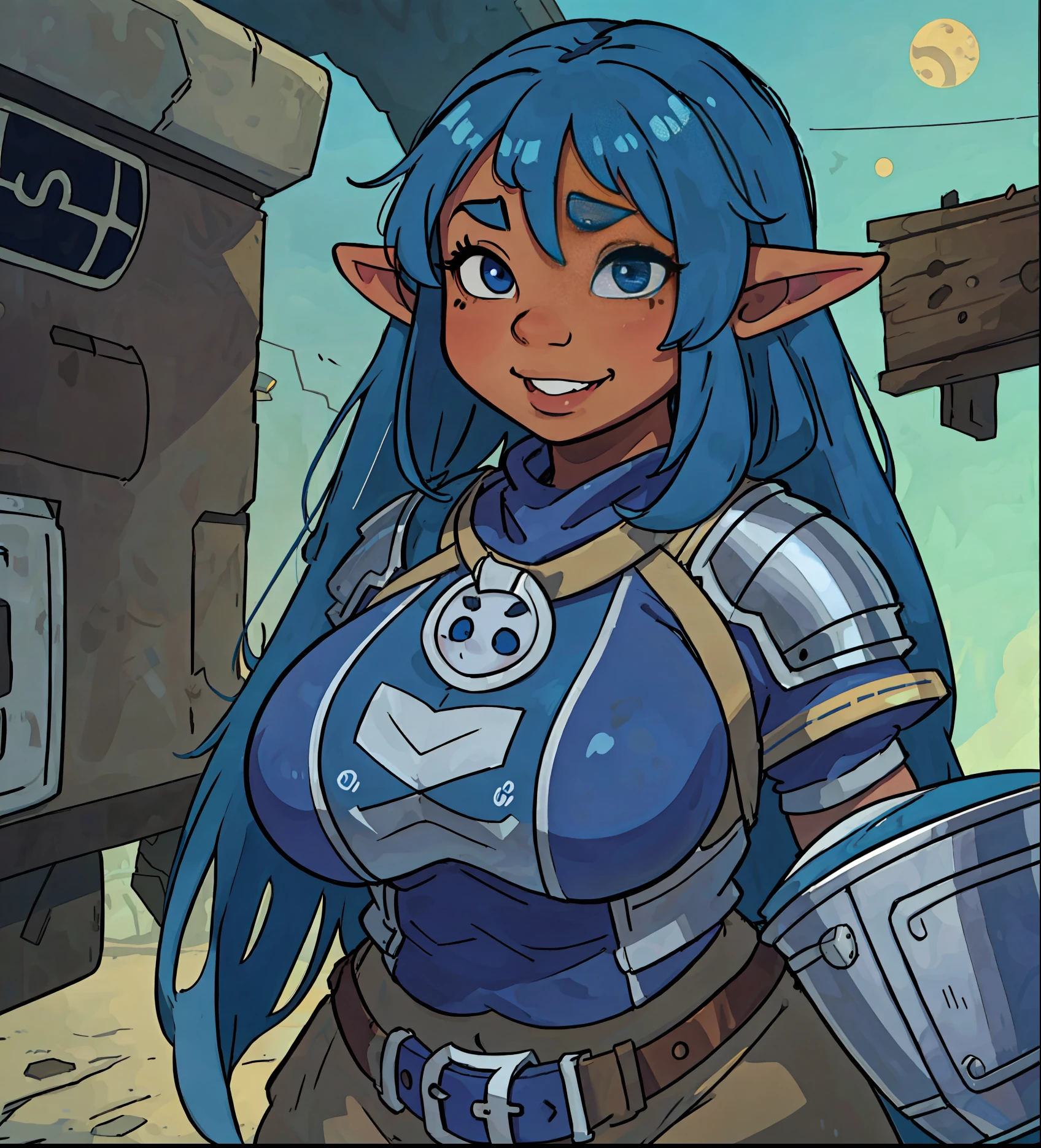 goblin, goblin girl, blue hair, very long hair, dark_ skin, dark skin goblin, wide body, very dark skin girl, small stature, very chubby, cute goblin, huge breast, very large breast, hair between eyes, twintails, chubby, chubby girl, chubby girl goblin, wide hips, blue eyes, mole, mole on chest, age up, lips, big lips, thick eyebrows, body with fur, short girl, short goblin girl twintails, short girl, fat, knight, paladin, middle Age, Knight's armor, full armor, smile