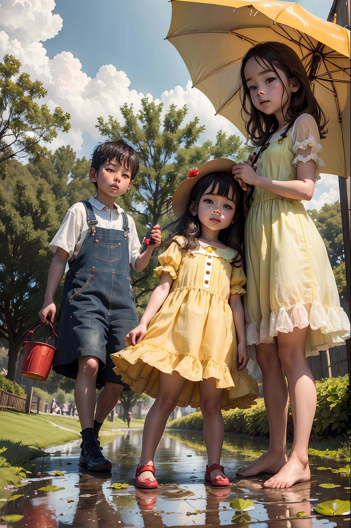 Oil painting, 2 children, ((mega realistic 8k image)) playing in the rain in a puddle with water. Super realistic hands and feet detailed, They are wearing gardener yellow color, and red umbrella, are playing under a tree, real, leafy, sky, rainy, clouds loaded, movie image, all the ultra mega natural senary, meticulous in every detail.