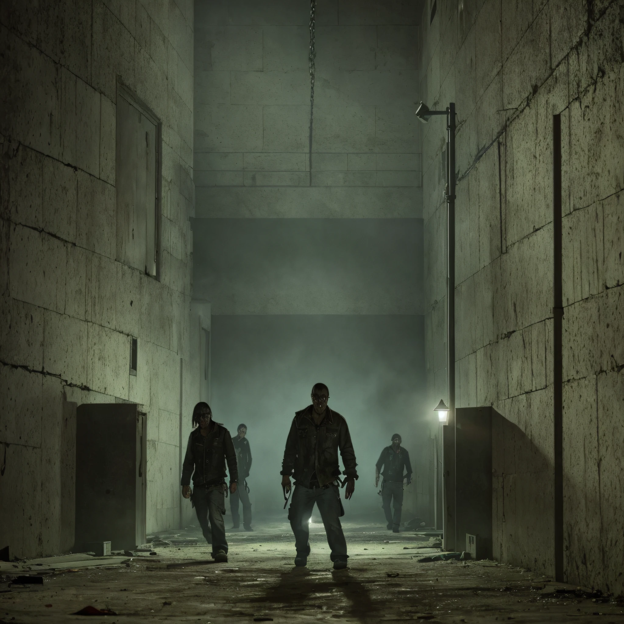 Portada de película de miedo con zombis alrededor de una prisión rodeada por la noche con una luz dentro de la prisión encendida