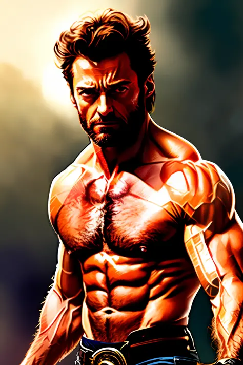 Hugh Jackman as wolverine,award-winning close-up (waist up photo:1.2) of Lone Wolf McQuade trending in artstation, highly detailed, fine, intricate details, (lens flare:0.9), (backlighting:0.9), (bloom:0.9), immersive, eye-catching background