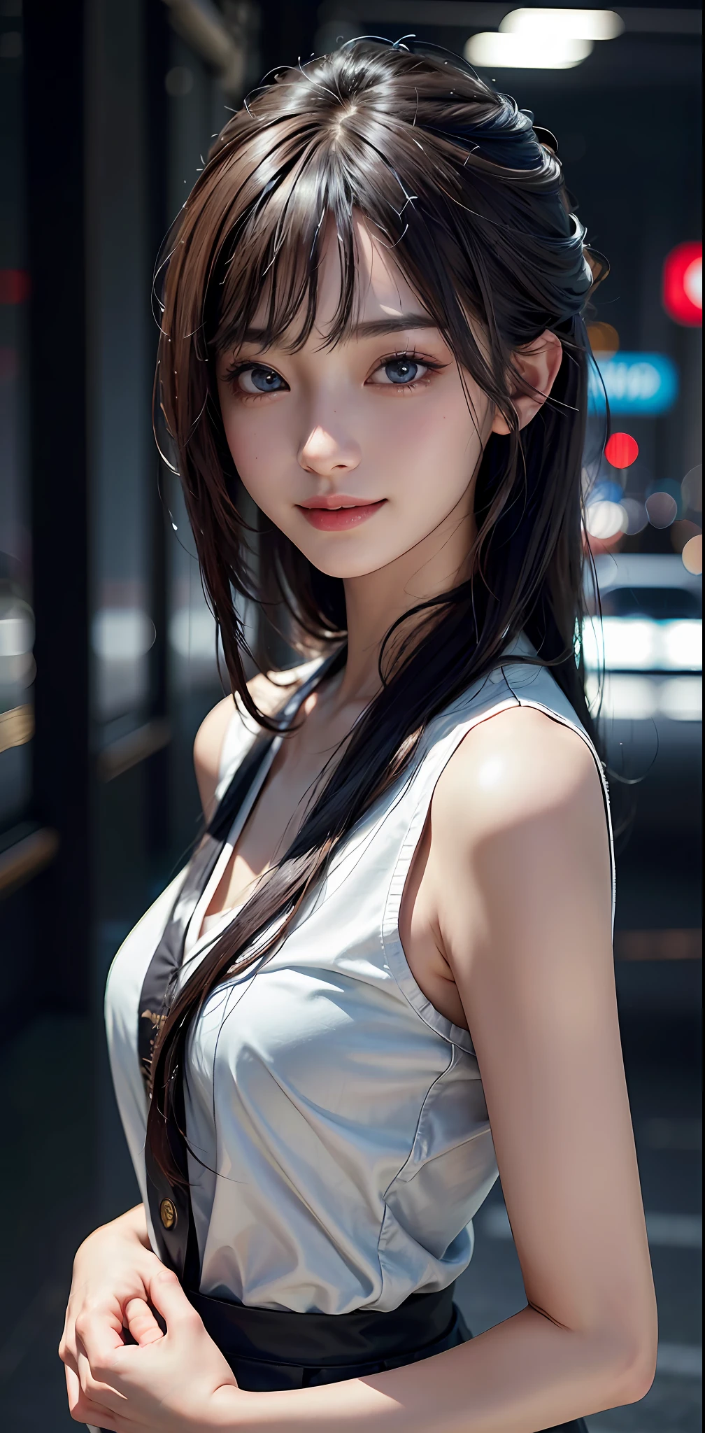 Masterpiece, 1 Beautiful Girl, Detailed, Swollen Eyes, Top Quality, Ultra High Resolution, (Reality: 1.4), Original Photo, 1Girl, Cinematic Lighting, Smiling, Japanese, Asian Beauty, Korean, Clean, Super Beautiful, Little Young Face, Beautiful Skin, Slender, Cyberpunk Background, (ultra realistic), (high resolution), (8K), (very detailed), (best illustration), (beautifully detailed eyes), (super detailed), (wallpaper), (detailed face), viewer looking, fine detail, detailed face, pureerosfaceace_v1, smiling, 46 point slanted bangs, looking straight ahead, neat clothes, dark colored eyes, clothes sleeveless, body facing front,