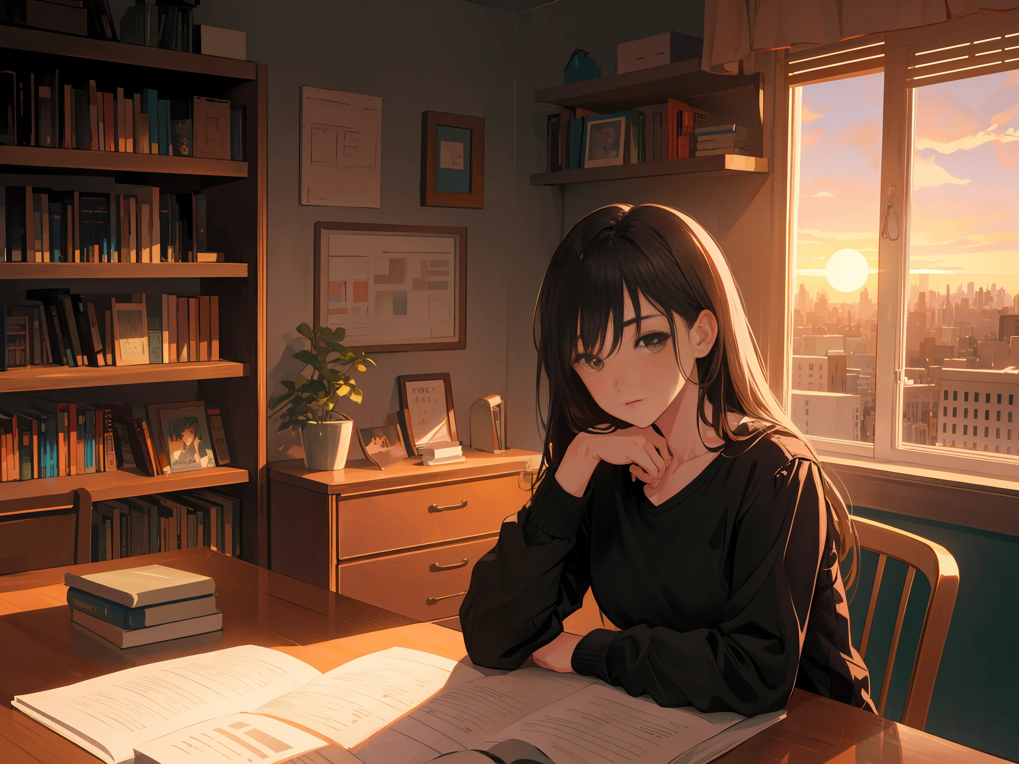 POV, top, illustration, masterpiece, best quality, illustration, wallpaper, pov, (realistic: 1.5), photorealistic, octane rendering, hyperrealistic, best quality, (8k), (4k), very long hair, (masterpiece), (best quality), fantasy, extremely detailed, complex, hyper-detailed, (perfect face), soft lighting (extremely complex lighting: 1.4) indoors, comfortable, cozy, window, chair, sunset, desk, books on the table, 18:00, cityscapes outside the window,  writer, books, work with books 1girl, solo, age: 30, solo, thick hair, straight hair, brown hair black shirt, long sleeves