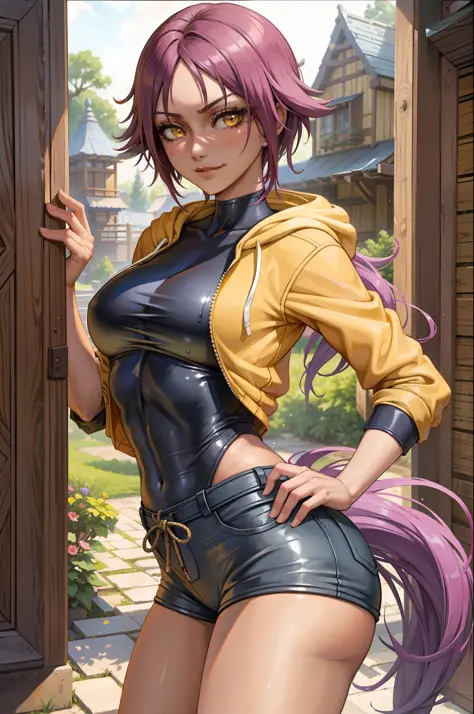 (Masterpiece, Best Quality:1.2), Solo, 1girl, Shihouin Yoruichi, Smirk, Looking at the Viewer, Tail, Realistic Eyes, Best Qualit...
