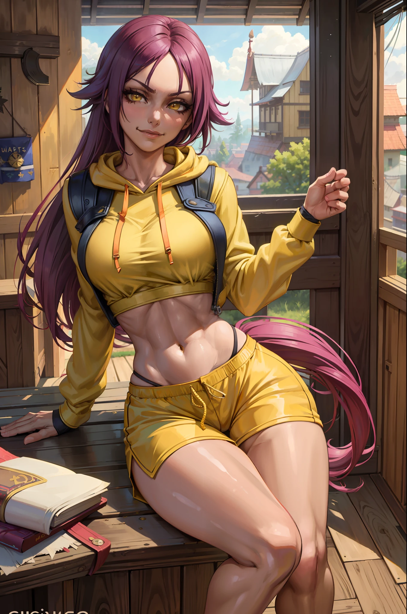 (Masterpiece, Best Quality:1.2), Solo, 1girl, Shihouin Yoruichi, Smirk, Looking at the Viewer, Tail, Realistic Eyes, Best Quality, Closed Mouth, Beautiful Lighting, Cinematic, 8K, Facial, Wet Face, Liner, Wooden Walls, Big , Yellow Hoodie, Short Shorts, Wide Thighs, Yellow Eyes, Erotica