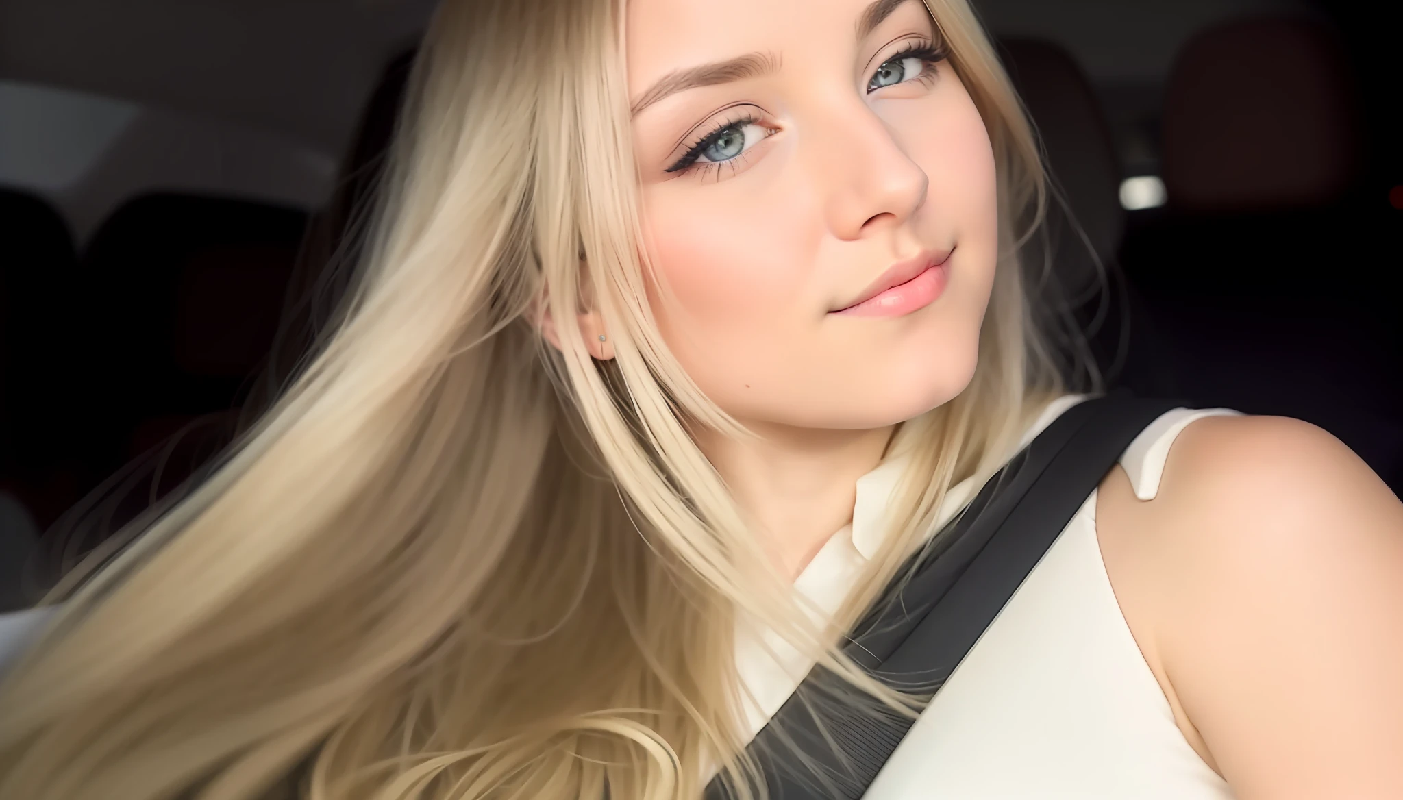 Blond Woman With Long Hair In A Car Looking At The Camera With Long