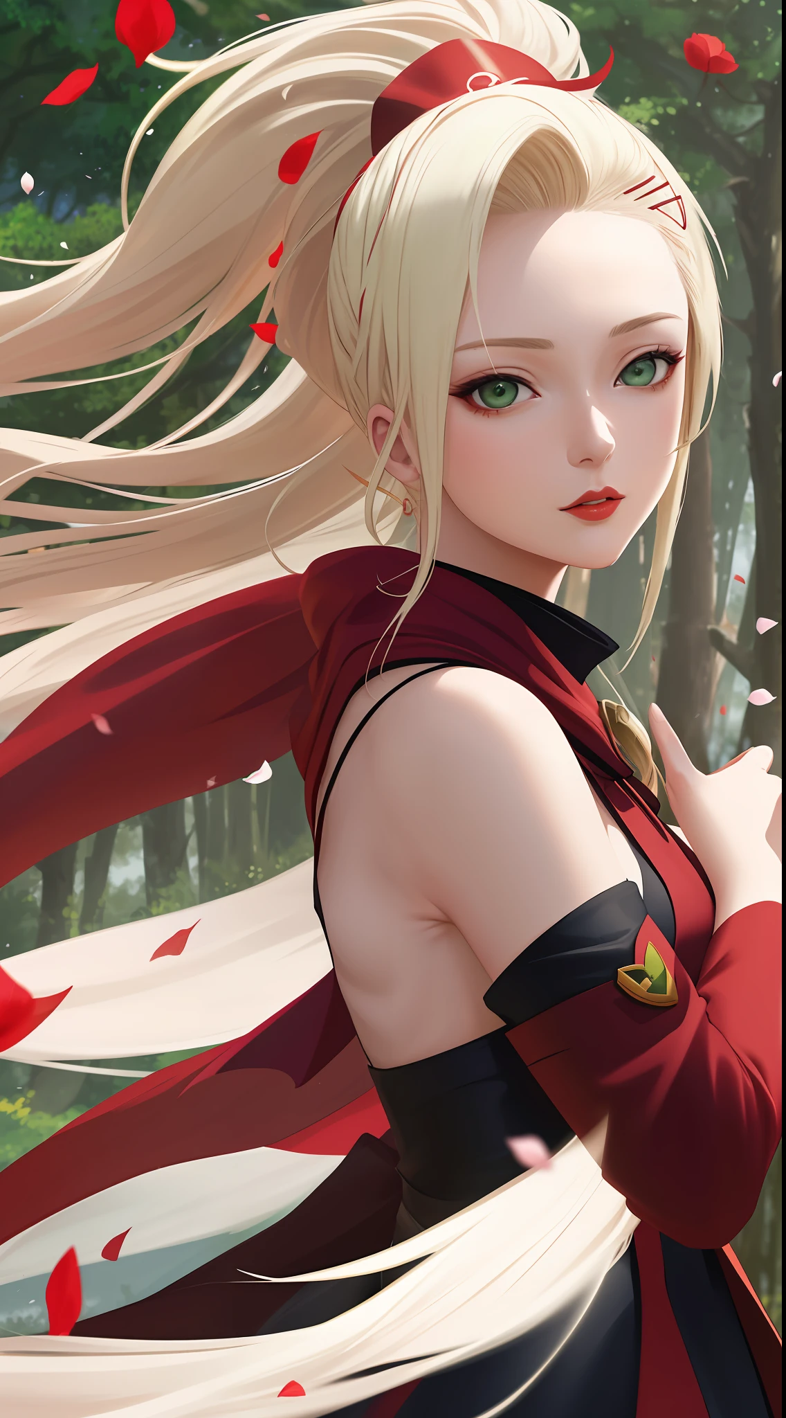 (extremely detailed, best quality,masterpiece) portrait of Yamanaka Ino,(1girl),beautiful face, green eyes, blonde hair with purple hairpin, wavy hairstyle, heroic expression,red lipstick, white open-shoulder top with red scarf, (forest background, depth of field,volumetric light), (floating, petals, wind, leaves, grasslands),highly detailed and realistic, with emphasis on Ino's elegance and charm.