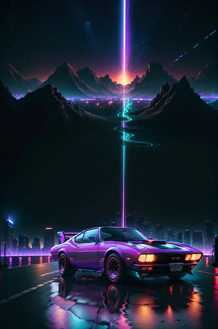 retrowave. city, 1969 Nissan S30, wide body kit, road, purple neon lights, sun, mountain, 
(masterpiece, detailed, highres), scr...