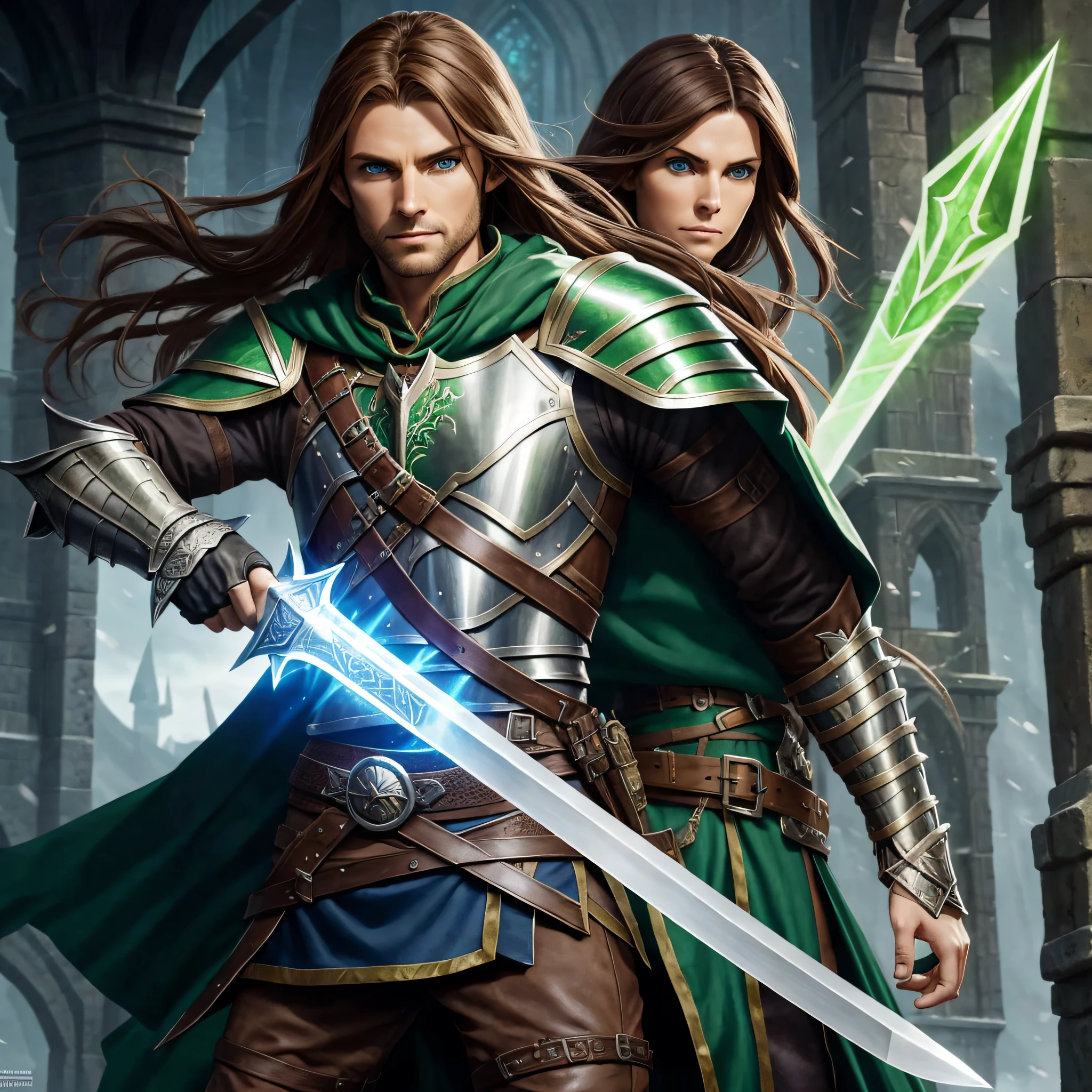 portrait of a full body, half elf, wearing leather armor, hd 4k, green cloak, dragonlance setting, dnd, bladesinger, shoulder length brown hair, brown stubble, blue eyes, holding a short sword in fantasy urban setting, casting a spell, epic fantasy style art 4k, epic fantasy style art ,4k