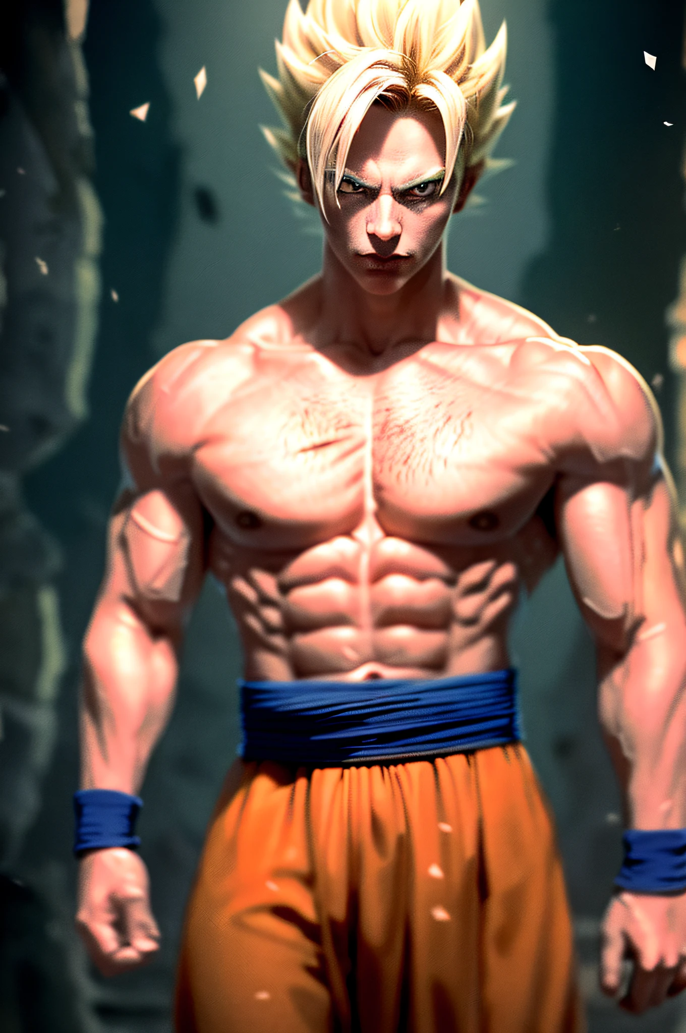 masterpiece, (photorealistic:1.5), best quality, beautiful lighting, real life, songoku, 1boy, artist name, biceps, blonde hair, blood, blood from mouth, blue sash, blue wristband, clenched hands, closed mouth, collarbone, dougi, electricity, energy, floating rock, frown, green eyes, looking at viewer, male focus, muscular, muscular male, pectorals, ribs, rock, sash, scratches, serious, solo, spiked hair, super saiyan, super saiyan 1, topless male, torn clothes, v-shaped eyebrows, wristband, ((masterpiece))