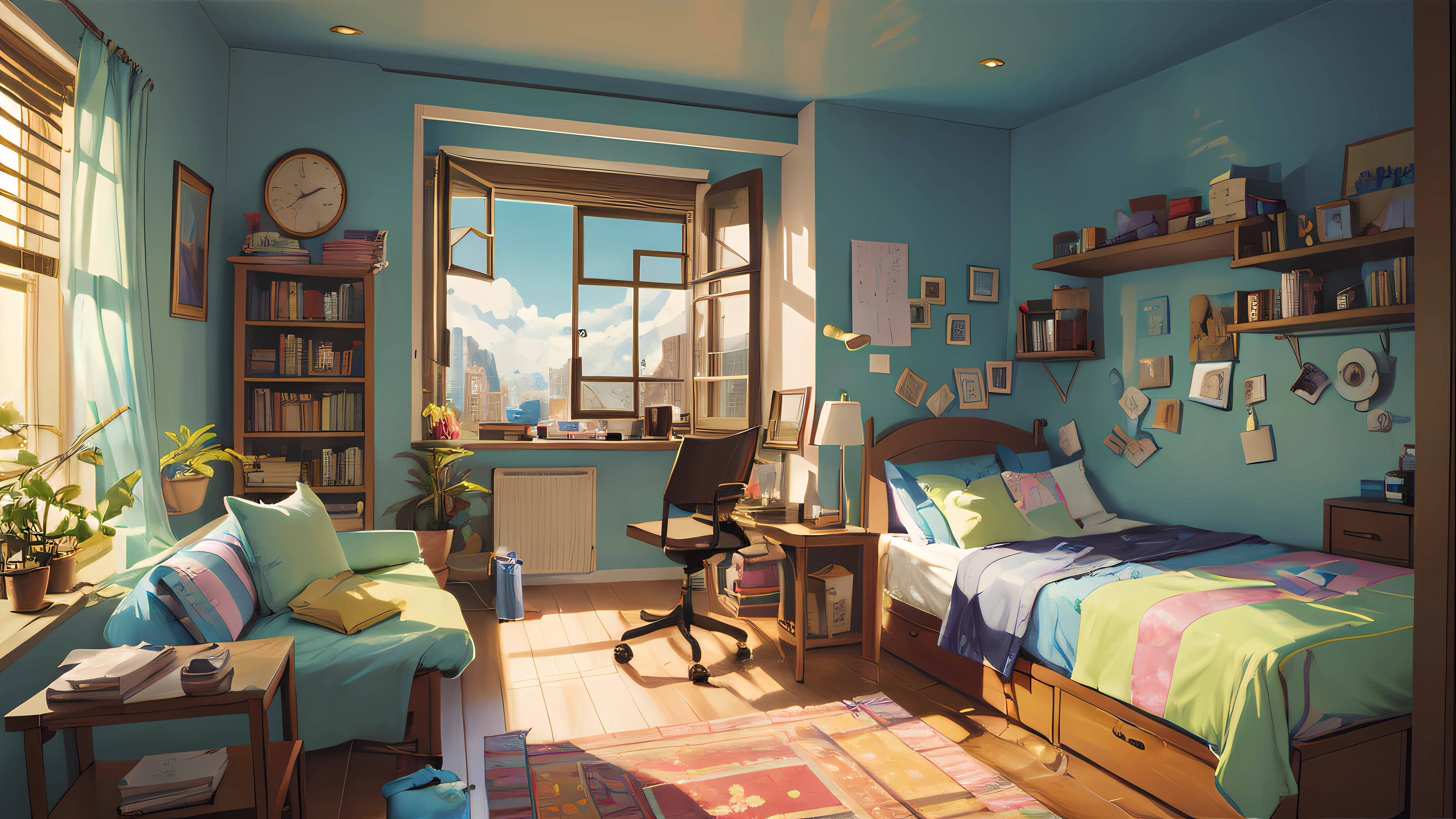 there is a room with a bed, desk, and a window, realistic afternoon lighting, a sunny bedroom, cinematic morning light, bright room, personal room background, ross tran. scenic background, by senior environment artist, afternoon lighting, painted in anime painter studio, vibrant volumetric natural light, interior background art, detailed scenery —width 672, photorealistic room